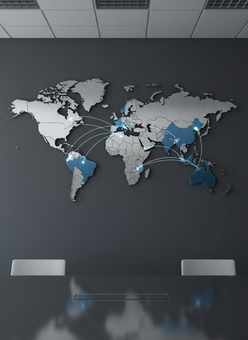 A high-detail world map made of interlocking brushed-metal plates in muted silver and deep blue tones, mounted on a matte charcoal wall in a modern boardroom. Thin illuminated lines arc between major ports and industrial hubs, small glowing nodes pulsing softly at each connection, symbolizing global trade routes. Cool, diffused studio lighting from above creates subtle reflections on the metallic surfaces, adding depth without glare. Shot straight-on at eye level with sharp focus across the frame, the composition is clean and balanced, emphasizing clarity and precision. The photographic realism and minimalist aesthetic create a professional, forward-looking mood that suits a global trade intelligence website hero image.