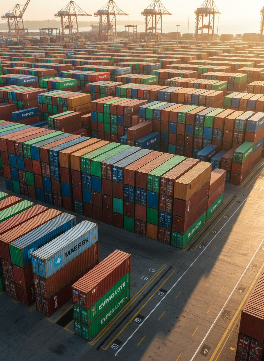 A tightly packed grid of multicolored shipping containers in pristine condition, each with sharp, readable markings of different countries and logistics companies, stacked high in a vast, organized container yard. The ground is clean, smooth concrete with painted lane markings leading the eye into the distance toward towering ship-to-shore cranes, softly out of focus. Late afternoon golden-hour sunlight washes across the scene, creating warm highlights on the corrugated metal and long, graphic shadows between rows. Shot from a slightly elevated perspective with strong depth and sharp detail throughout, the composition emphasizes scale, structure, and efficiency. The photographic realism and bold, geometric patterns evoke the power and precision of modern global logistics and B2B trade.
