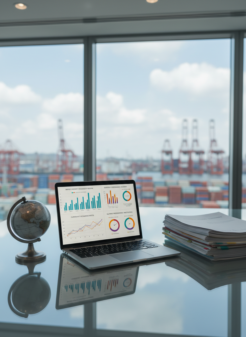 An immaculate glass-topped desk with a slim, silver laptop open to a detailed trade analytics dashboard, showing crisp charts of import-export volumes by region, currency exchange graphs, and supplier performance indicators. Beside it, neatly stacked printed procurement reports with color-coded tabs and a metal world globe in brushed steel finish. The workspace sits near a large window overlooking a softly blurred skyline of container ports and cranes. Cool daylight combines with subtle overhead office lighting, casting soft shadows and controlled highlights. Captured from a slightly elevated three-quarter angle with shallow depth of field, the focus remains on the screen and documents. The photographic style is clean, contemporary, and data-driven, conveying organized, professional global trade analysis.