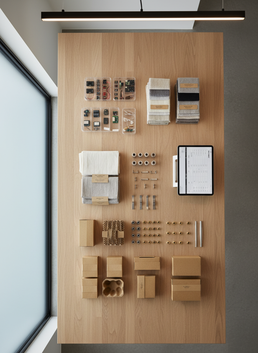 A minimalist product sourcing workspace featuring a large, light-oak table covered with neatly arranged product samples: precision electronic components, neatly folded neutral-textile swatches, small machined metal parts, and eco-friendly packaging prototypes in kraft paper and molded pulp. Beside them rests a sleek tablet displaying a supplier comparison matrix with clear columns for cost, lead time, and certifications. Soft, diffused daylight enters from a frosted glass wall, complemented by subtle overhead task lighting that defines textures without harsh glare. Photographed from a top-down bird’s-eye view with sharp focus and careful spacing between objects, the composition feels organized and methodical. The photographic style is clean and modern, conveying thorough, professional procurement evaluation and strategic sourcing decisions.
