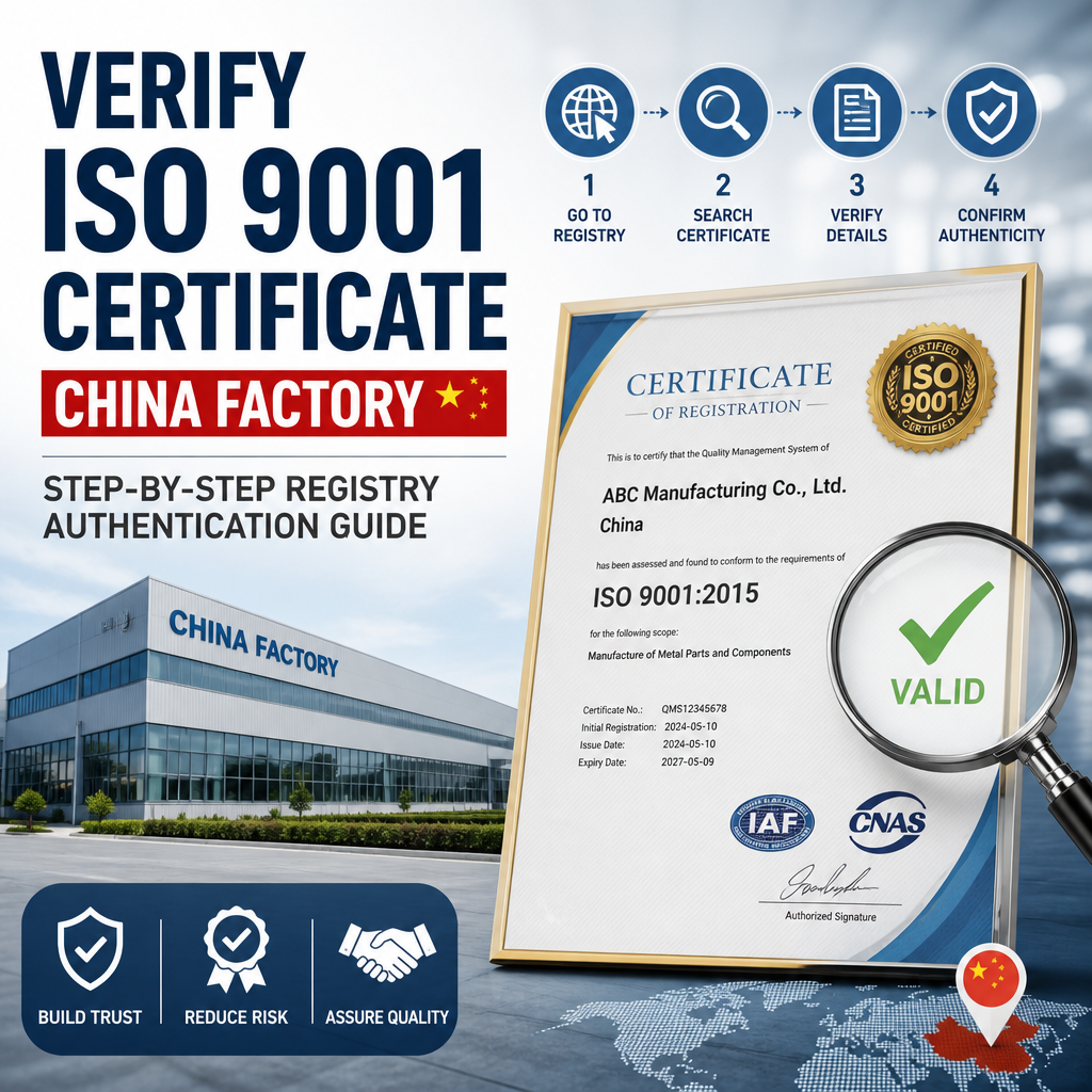 Step-by-step guide showing how to verify an ISO 9001 certificate for a China factory in a registry.